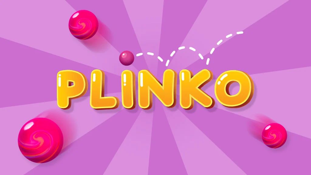 Four pink balls bounce around the logo for the Cafe Casino game ‘Plinko’, set against a purple background.