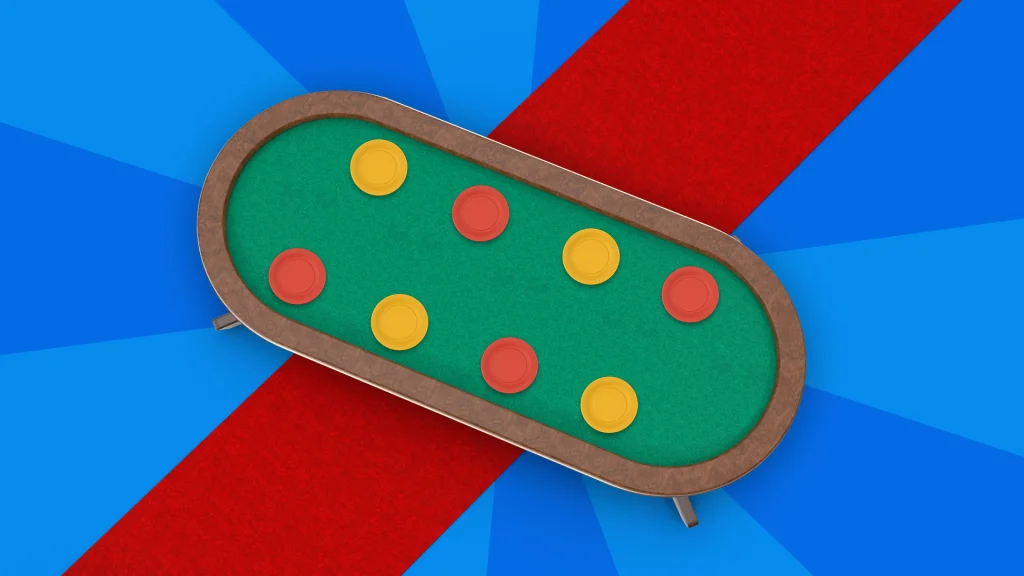 : A green casino table sits across a red-carpet runner, set against a blue background.