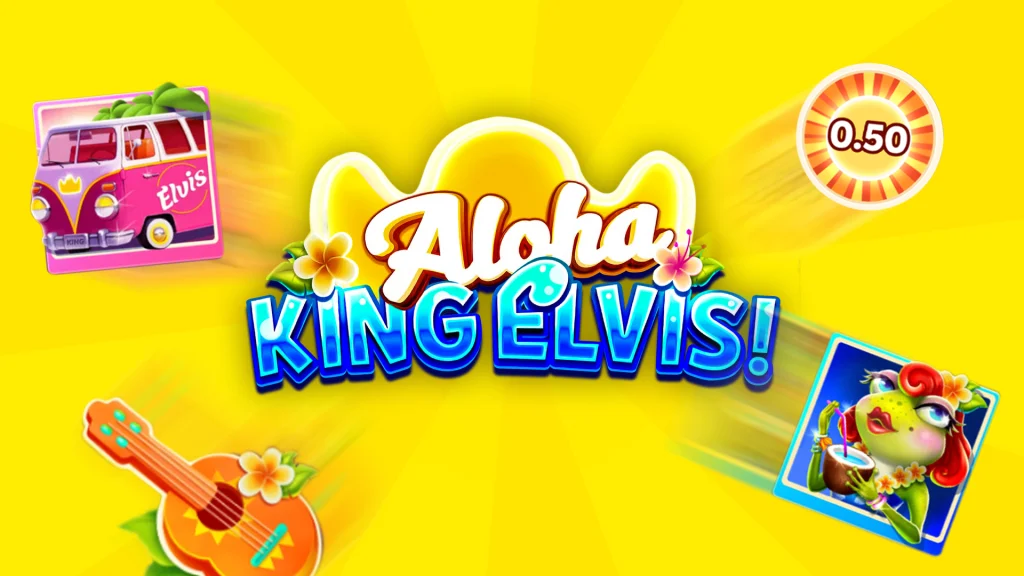 A cartoon frog dressed as Elvis stands behind the Cafe Casino slots game logo ‘Aloha King Elvis’, surrounded by three slot game symbols and set against a yellow background.