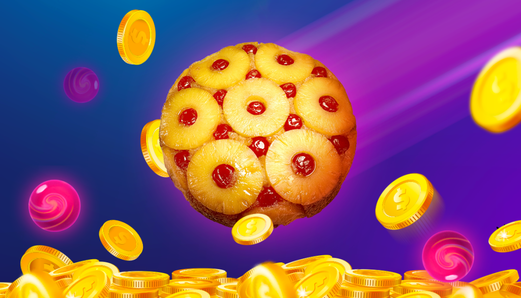 A Pineapple Upside-Down Cake floats like a Plinko chip over a purple background, above gold coins and pink Plinko balls.