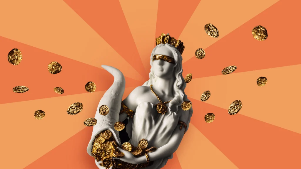 A statue of Fortuna surrounded by glistening gold, set against an orange and apricot background.