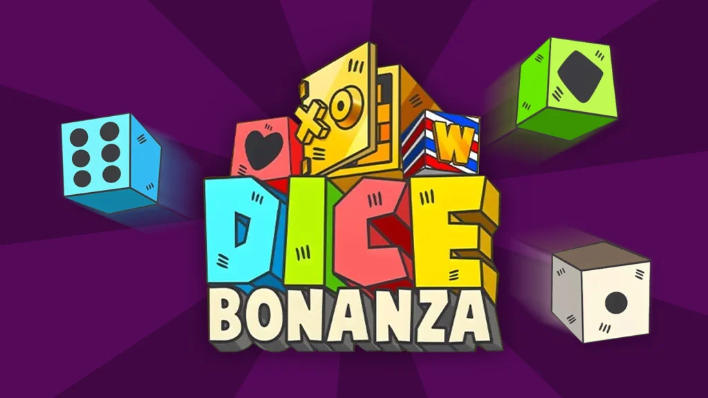 The Cafe Casino ‘Dice Bonanza’ slots game logo appears atop a purple background.