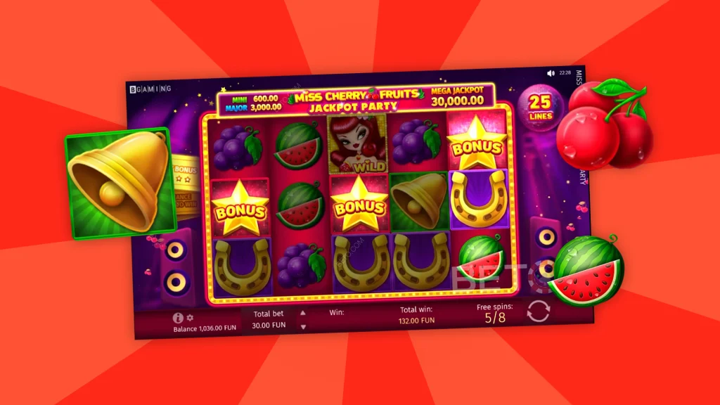 A Cafe Casino slots game screen showing colorful reels flanked by fruit symbols is set against a red background.