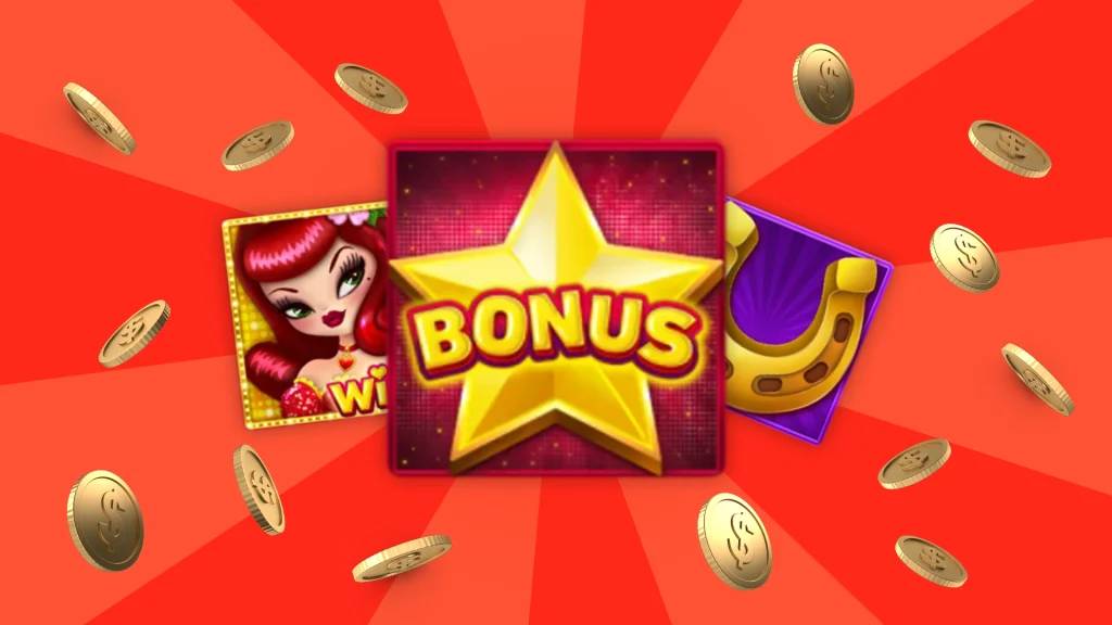 Three slot game symbols are surrounded by gold coins, all set against a red background.