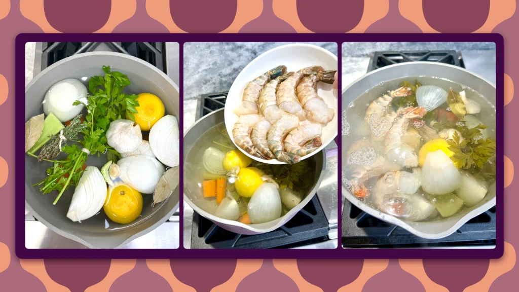 Three images side by side of the progress of the Shrimp Cocktail Recipe, including on the left, a large pot with all the base ingredients; middle, a white dish with shrimp hovering over the large pot; and right, the shrimp mixed with the base ingredients in the pot.