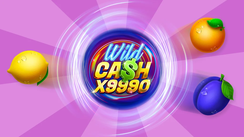 The Cafe Casino Wild Cash X9990 logo is surrounded by three fruit game icons, set against a violet background.