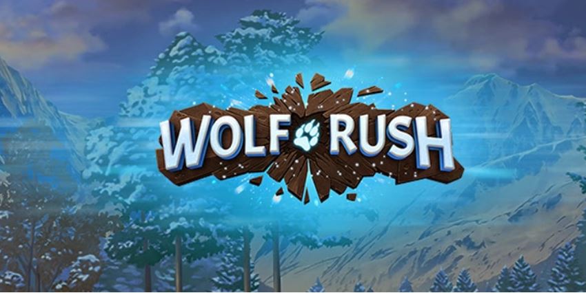 The logo of the new Cafe Casino slots game 'Wolf Rush' set over a background of blue and white mountains.