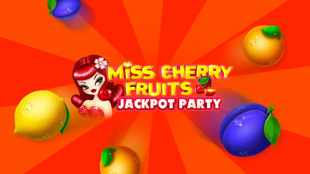 A cartoon girl with the Cafe Casino slots game logo for Miss Cherry Fruits Jackpot Party, surrounded by fruit symbols against a red background.