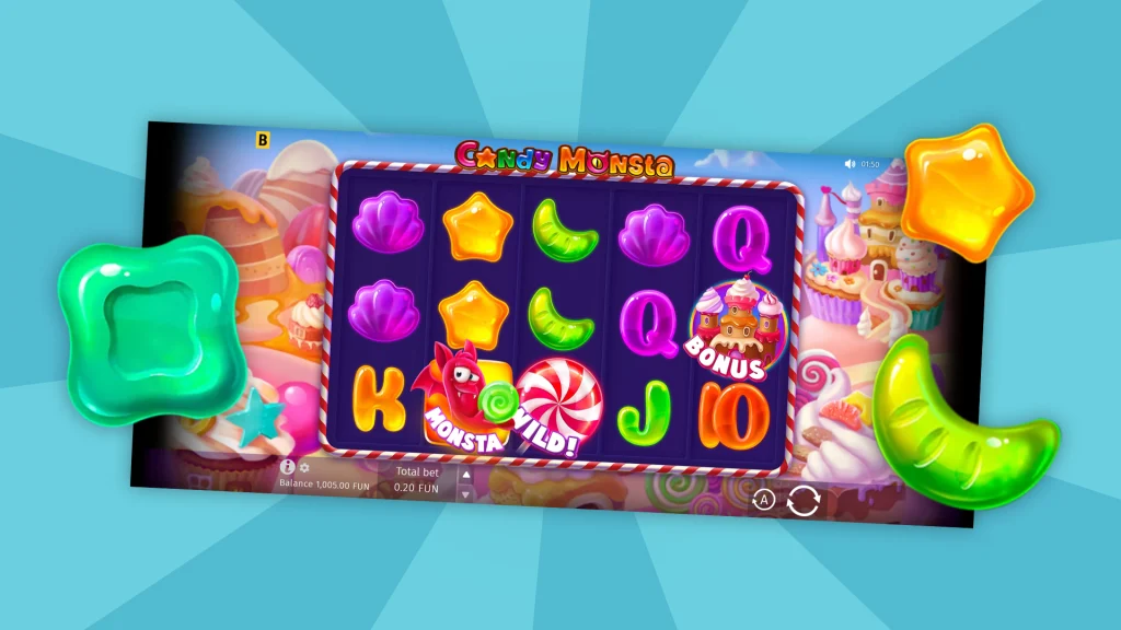 Game screen from the Cafe Casino slots game Candy Monsta, showing symbols against an aqua background.