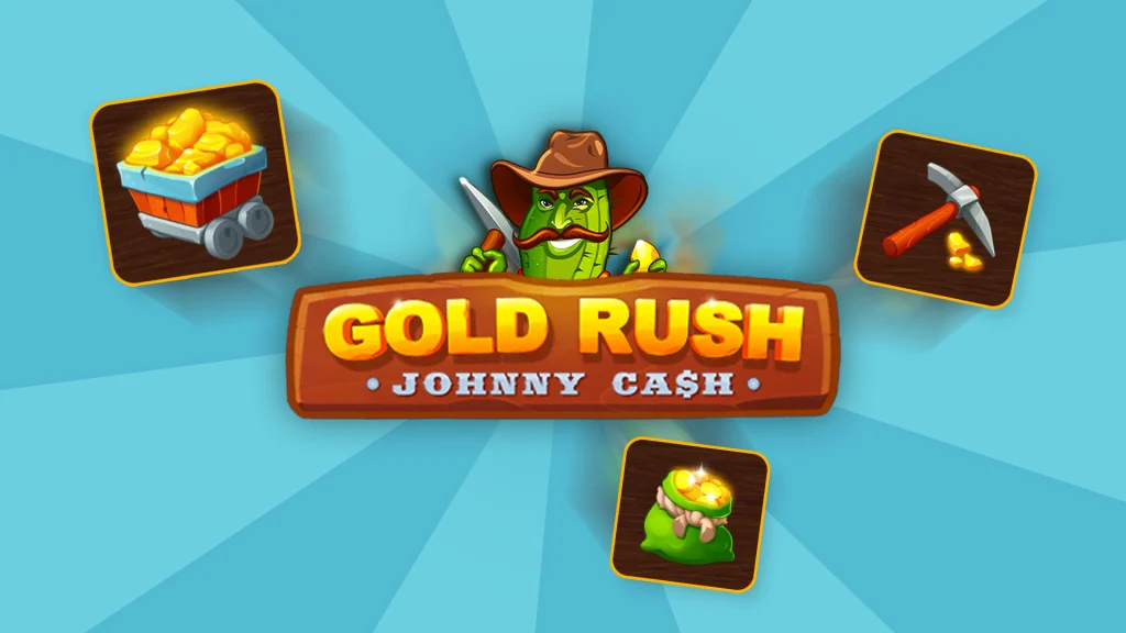 Cartoon gold miner behind a sign reading ‘Gold Rush Johnny Cash’ flanked by game symbols against an aqua background.