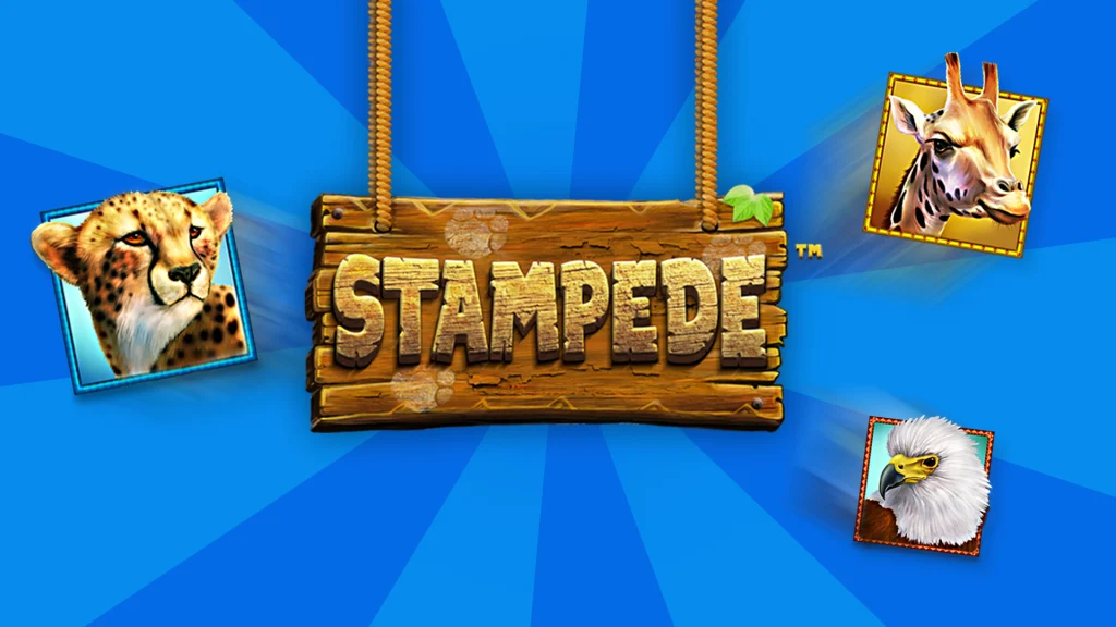 A hung wooden sign with the Cafe Casino slots game logo for ‘Stampede’, surrounded by three slot game symbols against a blue background.