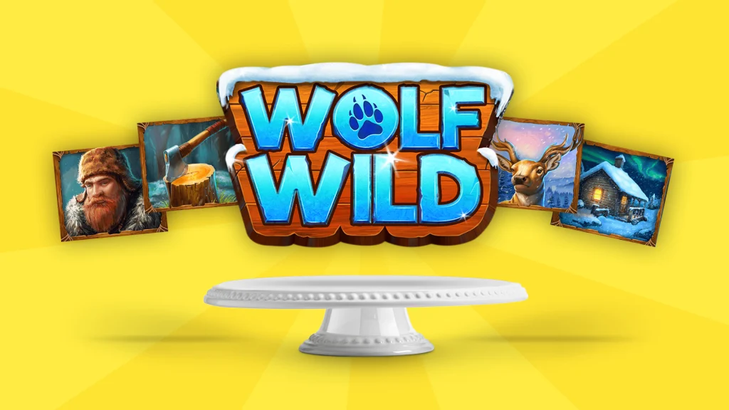 A serving dish displaying the logo of the Cafe Casino slot, Wild Wolf, is centered. Snowy symbols from the slot also feature. On a vibrant yellow background.