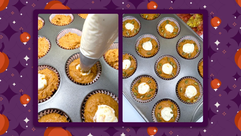 Muffin trays being filled with the pumpkin muffins recipe ingredients and a cream cheese filling being applied from a piping bag.