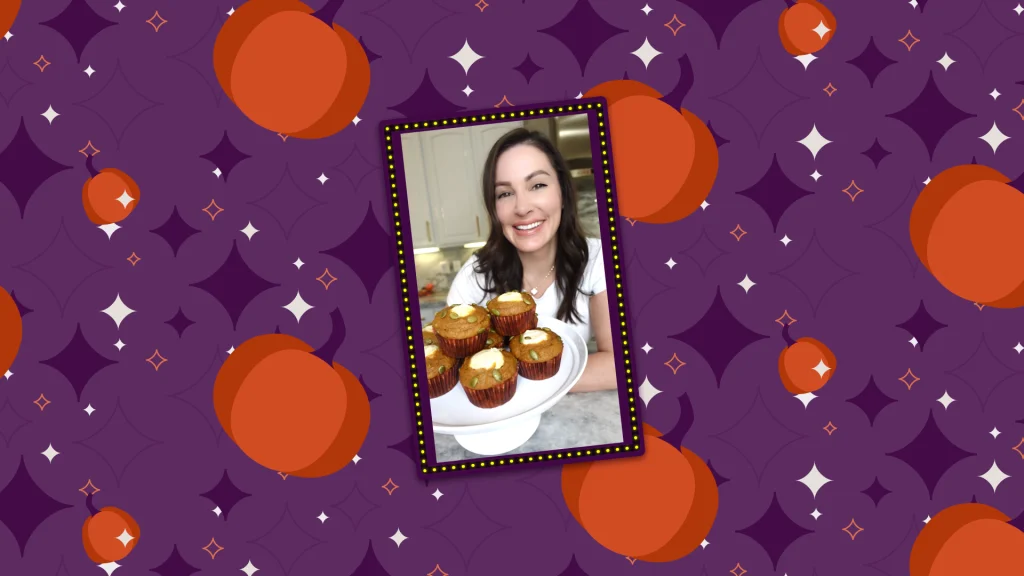 Chef Genevieve stands behind a white cake dish with pumpkin cream cheese muffins on top, inside a frame, on a retro purple and orange background.