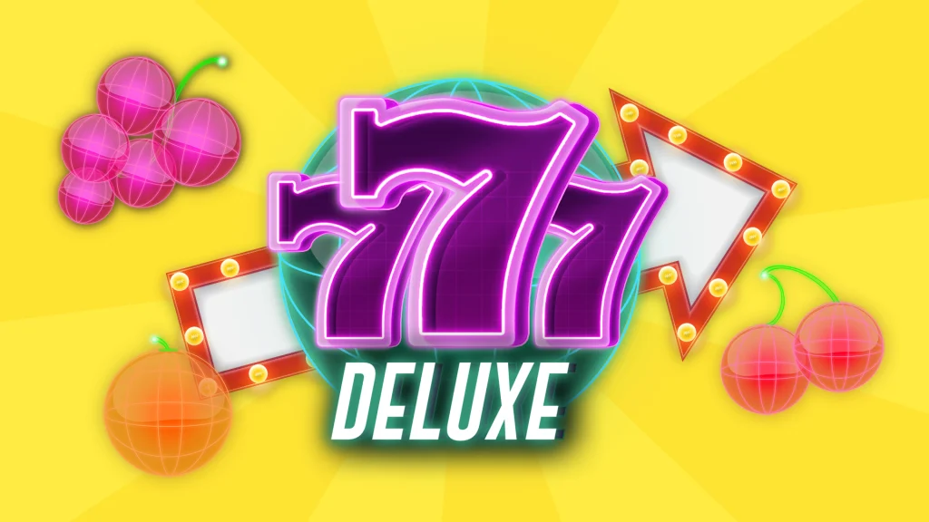 The logo for the Cafe Casino online slot, ‘777 Deluxe’, is centered, surrounded by slot fruit symbols from the game, on a yellow background.