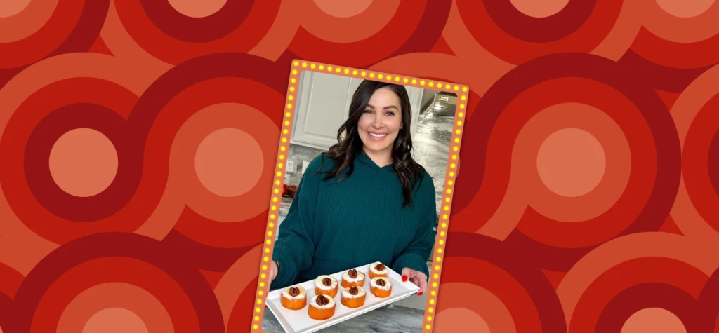 Chef Genevieve stands behind a white serving dish with sweet potato marshmallow bites on it, surrounded by a retro-style border.