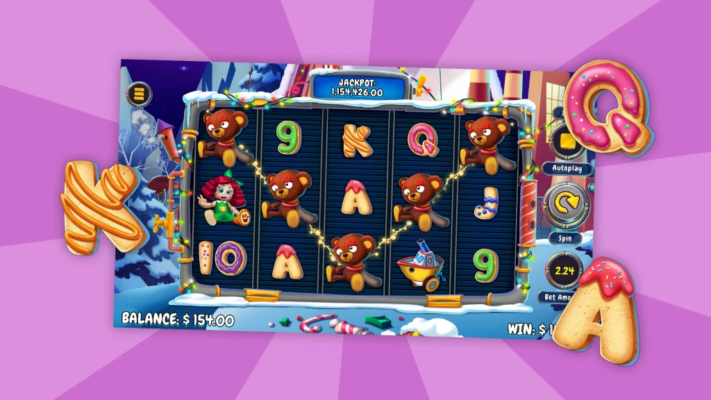 A game screen showing reels and symbols are surrounded by three baked goods letters against a purple background.