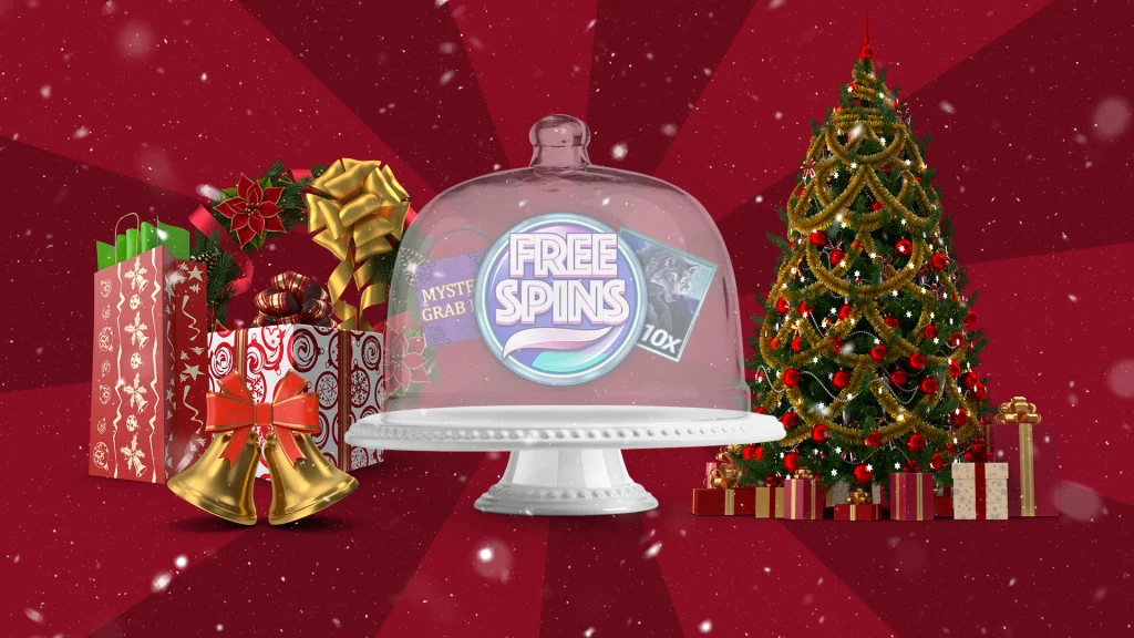 A cake stand filled with Christmas slots symbols, surrounded by holiday decorations, against a red background.