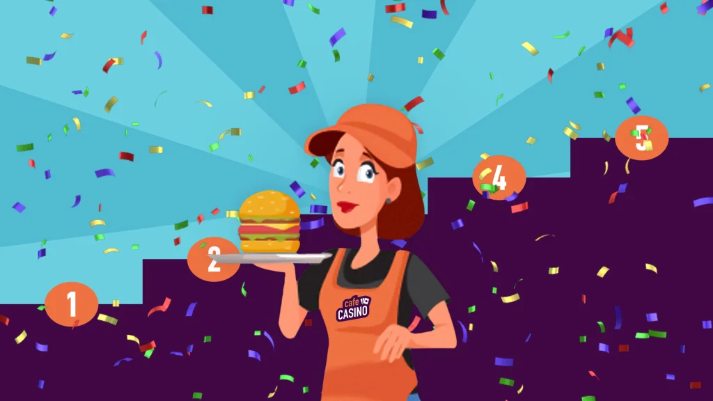 Cartoon waitress holding a burger surrounded by confetti against a blue background.