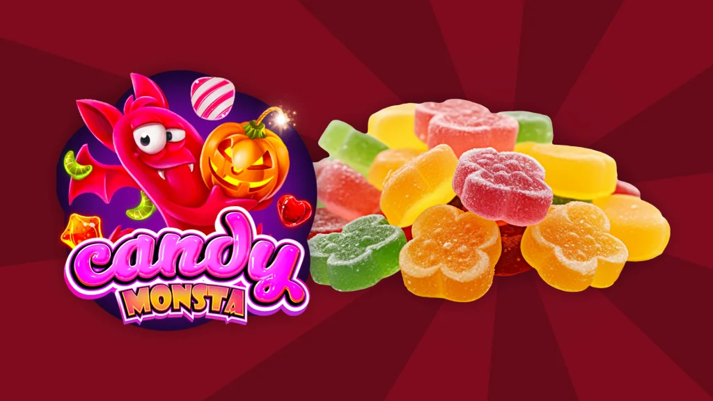 The logo of the Cafe Casino online slot Candy Monsta to the left of the image with a collection of sweet gummy treats to the right-hand side on a vibrant red background. 