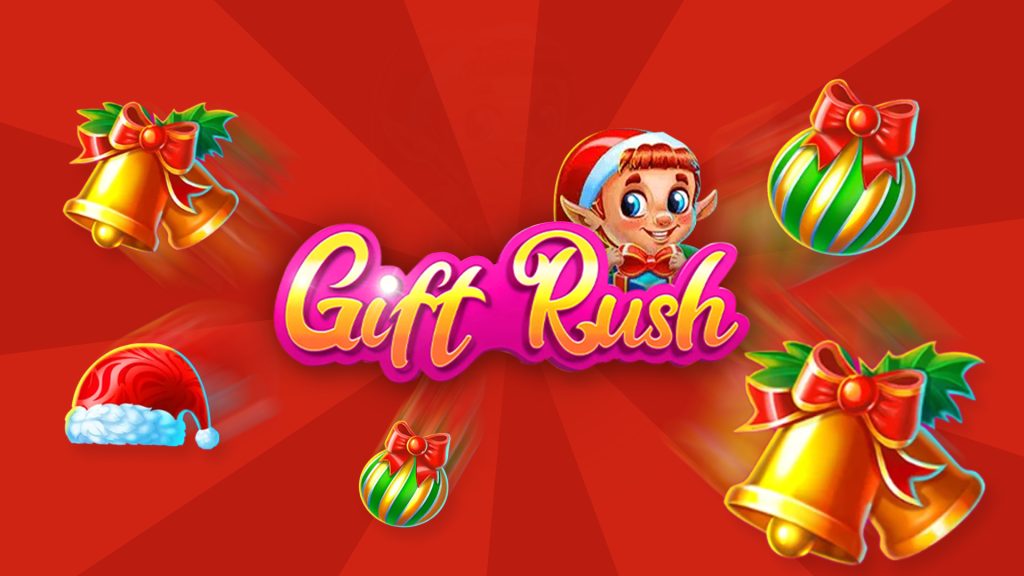 Vibrant 'Gift Rush' Cafe Casino slot game banner with a festive elf, colorful Christmas ornaments, and gifts against a red backdrop