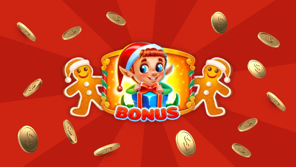 Gift rush slot promotional graphic featuring a cheerful elf holding a blue Christmas gift, flanked by two gingerbread men and coins against a festive red background.