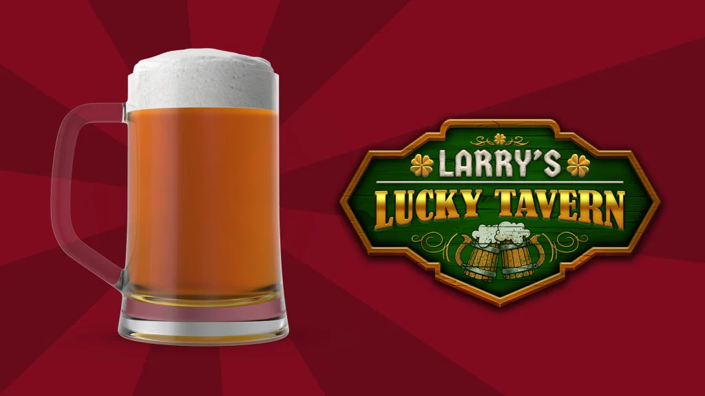 A large glass of beer positioned on the left of the image with the logo for the Cafe Casino online slot Larry’s Tavern on the right-hand side, on a red background.