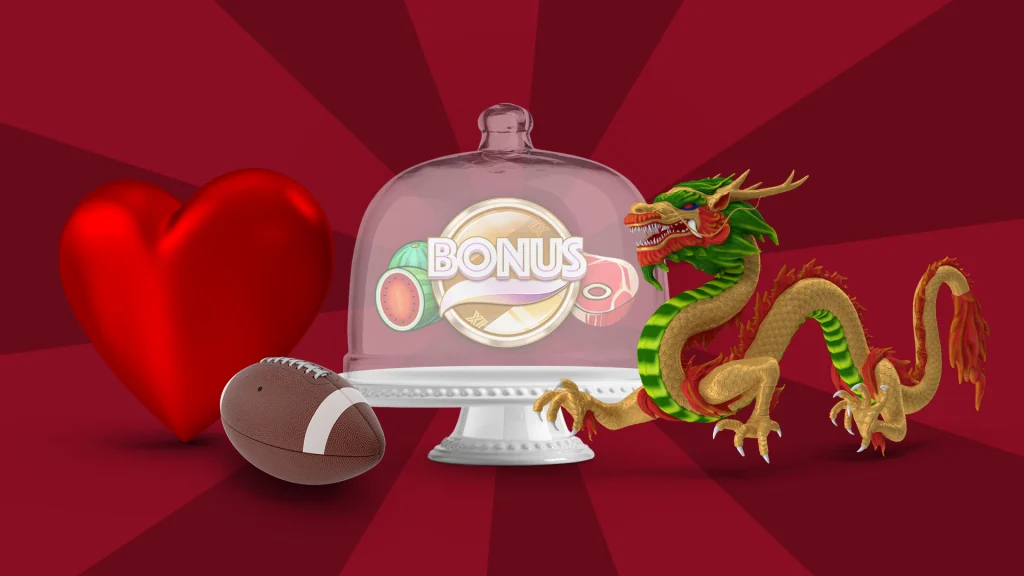 A glass dinner serving cover containing symbols from slots surrounded by a dragon, a football and a love heart on a vibrant red background.