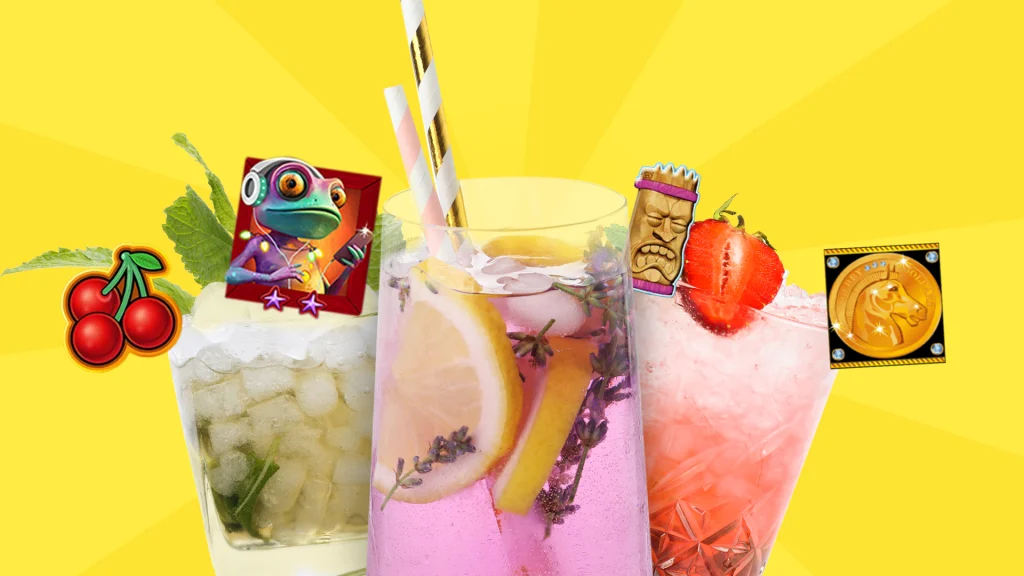 Three colorful spring cocktails are centered, among Cafe Casino slot symbols, on a yellow background.