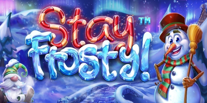 Stay written in candy cane letters, and Frosty! written in icicles, adjacent to a snowman with a top hat and a broom.