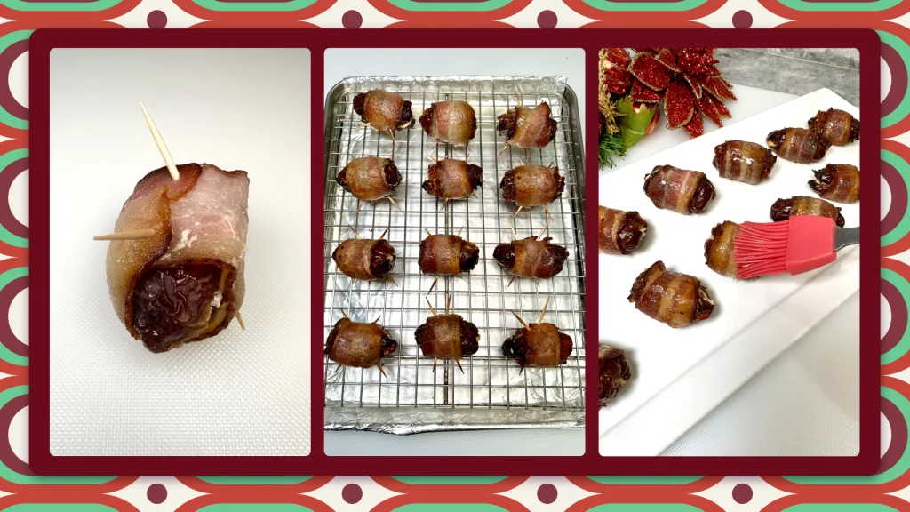 The left shows bacon wrapped around dates with a toothpick; the middle shows the bacon-wrapped dates on a wire tray; and the right shows them being glazed with maple syrup, on a white tray.