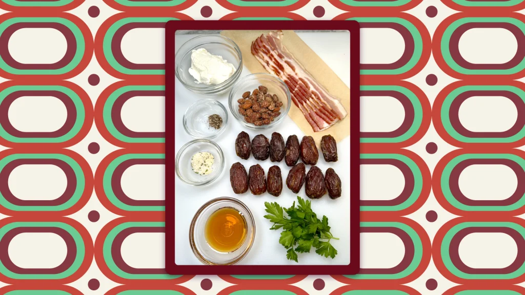 The ingredients for the goat cheese stuffed bacon-wrapped dates recipe, including bacon on parchment paper, dates on a white cutting board, and more.