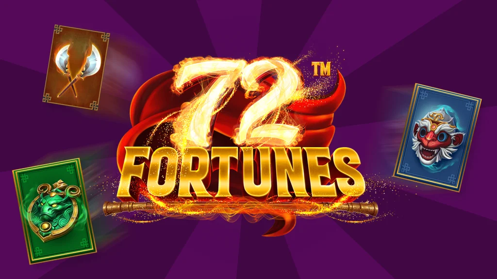 The logo for the Cafe Casino online slot, 72 Fortunes, is centered surrounded by symbols from the slot including a monkey mask, two battle axes and a green dragon.