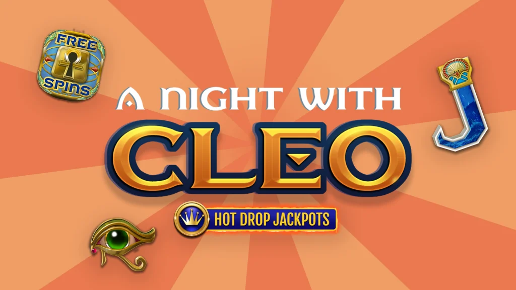 The logo for the Cafe Casino online slot, ‘A Night With Cleo Hot Drop Jackpots’ is centered surrounded by symbols from the slot.