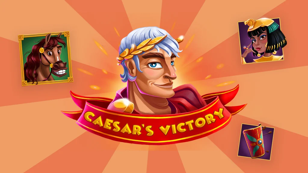 The logo for the Cafe Casino online slot ‘Caesar’s Victory’ is centered, surrounded by symbols from the slot.
