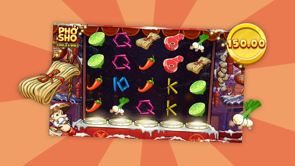 The reel from the slot Pho Sho is displayed with symbols of a coin with 150 written on it and a chili on a vibrant orange background.