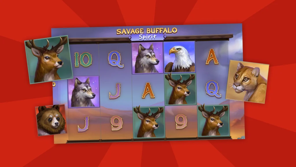The reel from the online slot, Savage Buffalo Spirit is center, displaying symbols of animal wildlife on a vibrant red background.