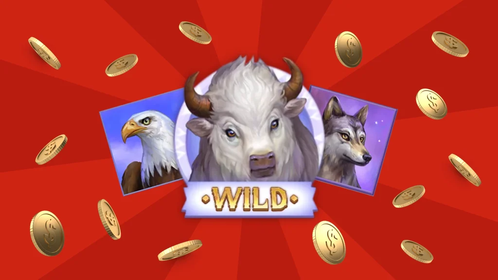 Symbols from the online slot, Savage Buffalo Spirit are centered, featuring a buffalo with ‘wild’ written on it, an eagle and a wolf are also present. Coins fall from the top of the image on a red background.
