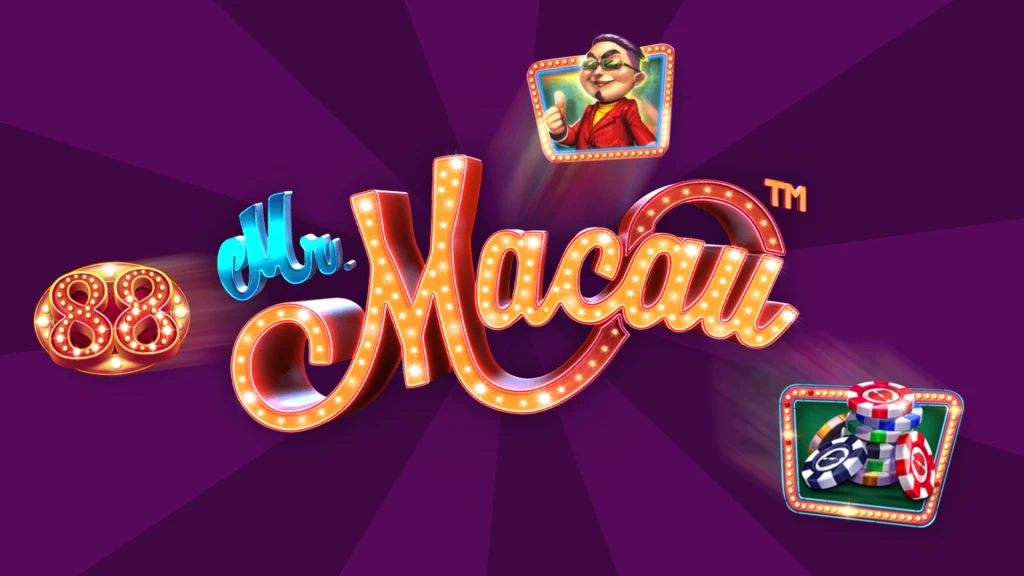 The logo for the Cafe Casino online slot, Mr. Macau is lit up with bulb style lights. Casino related symbols from the slot also feature. On a vibrant purple background.