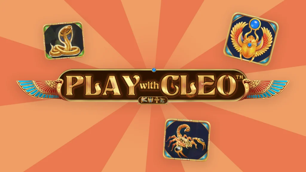 The logo for the Cafe Casino online slot ‘Play With Cleo’ is centered, surrounded by symbols from the slot.