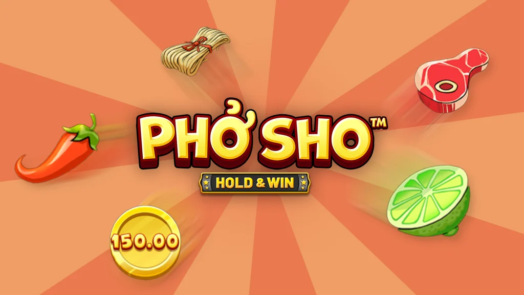 The logo of the Cafe Casino online slot, Pho Sho, is centered surrounded by symbols from the game including meat, lime, noodles, a chili and a coin with 150 written on it on a vibrant orange background.