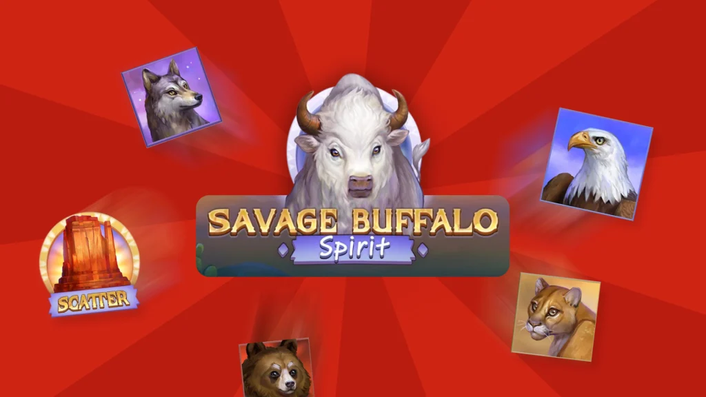 The logo from the Cafe Casino online slot, Savage Buffalo Spirit is center, surrounded by symbols from the game including a bear, a wolf, an eagle and a rock formation scatter on a vibrant red background.