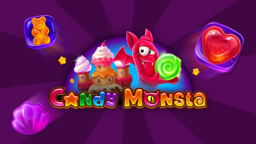 The logo for the Cafe Casino online slot, Candy Monsta, alongside sweet symbols from the game, on a purple background.