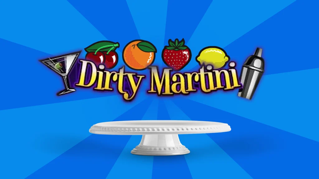 The logo for the Cafe Casino slot, Dirty Martini is centered, fruit symbols from the game also feature. On a blue background.