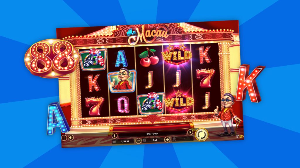 The reels from the Cafe Casino online slot, Mr. Macau, surrounded by symbols from the slot including the number 88 and the letters ‘A’ and ‘K’.