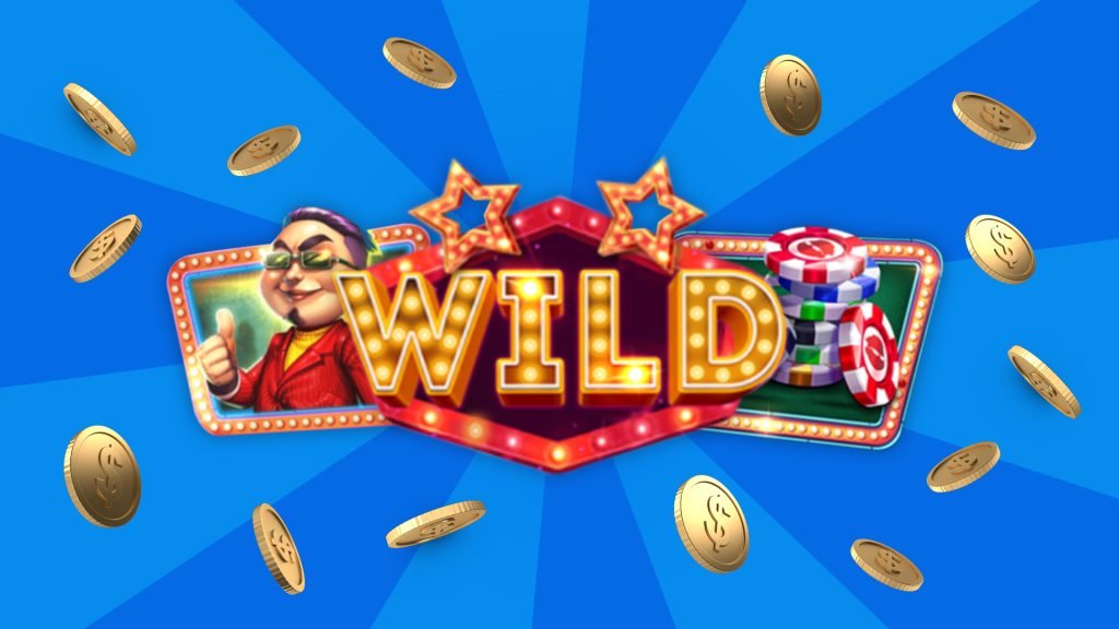 The ‘wild’ symbol from the slot Mr. Macau, surrounded by lights, with a cartoon Asian man, and a casino chip symbol on a blue background.