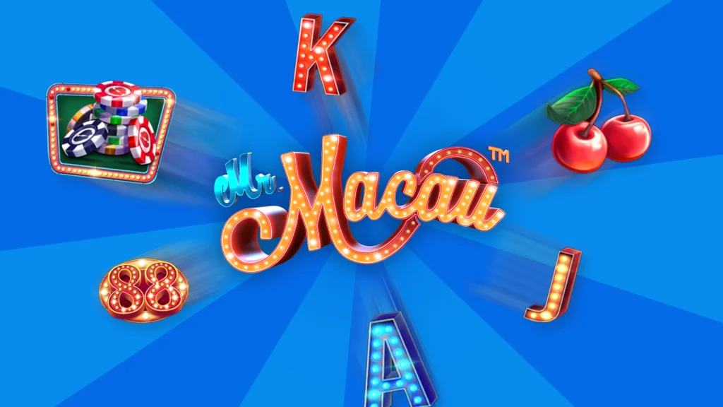 The logo from the Cafe Casino online slot, Mr. Macau, surrounded by symbols such as casino chips, playing cards letters, and numbers on a blue background.