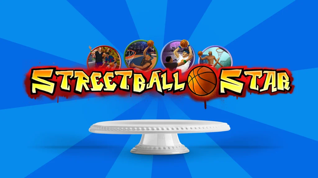 The logo for the Cafe Casino slot Streetball Star is centered, basketball related symbols from the game also feature. On a blue background.