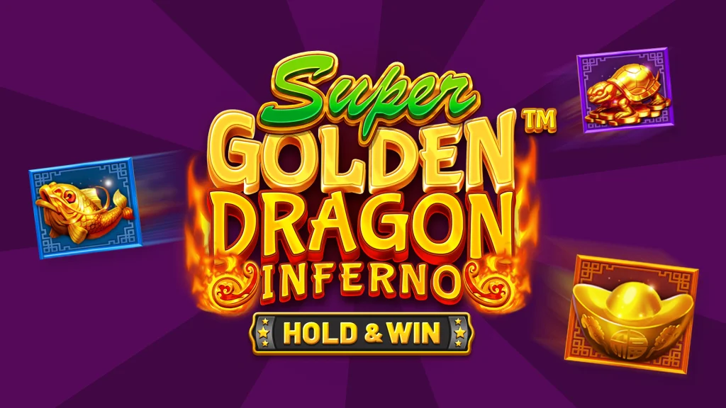 The logo for the Cafe Casino online slot, Super Golden Dragon Inferno, is centered, surrounded by traditional Eastern Asian culture symbols from the game.