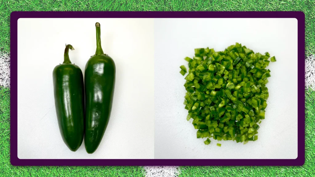 Two jalapeño peppers on white dish on the left, with chopped peppers in a white bowl on the right.